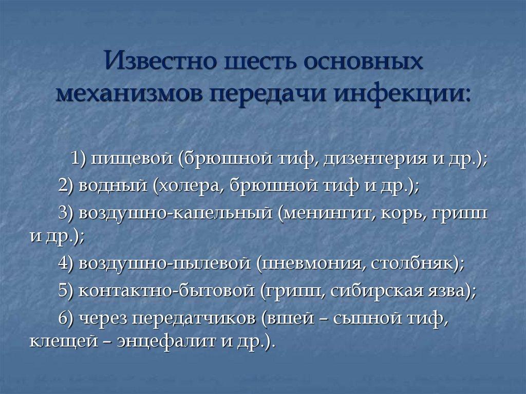 Известно шесть основных механизмов передачи инфекции:
