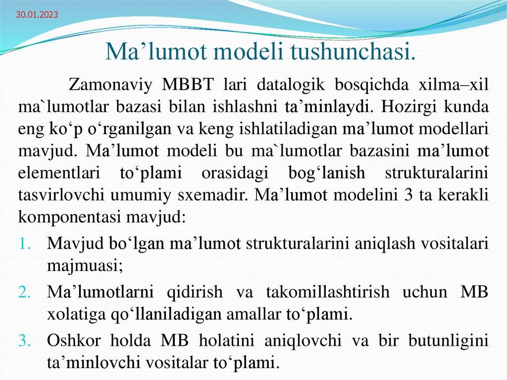 Ma’lumot modeli tushunchasi.