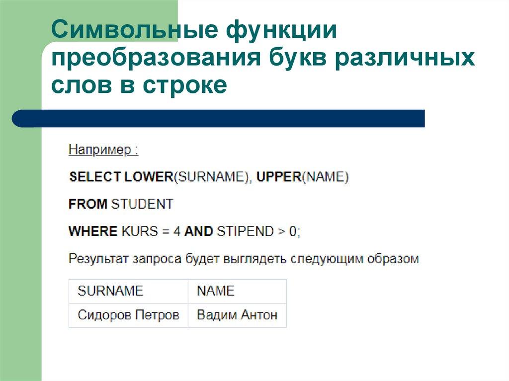 Символьные функции преобразования букв различных слов в строке