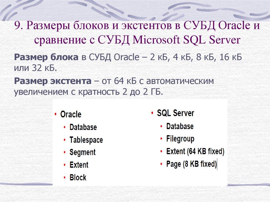 9. Размеры блоков и экстентов в СУБД Oracle и сравнение с СУБД Microsoft SQL Server