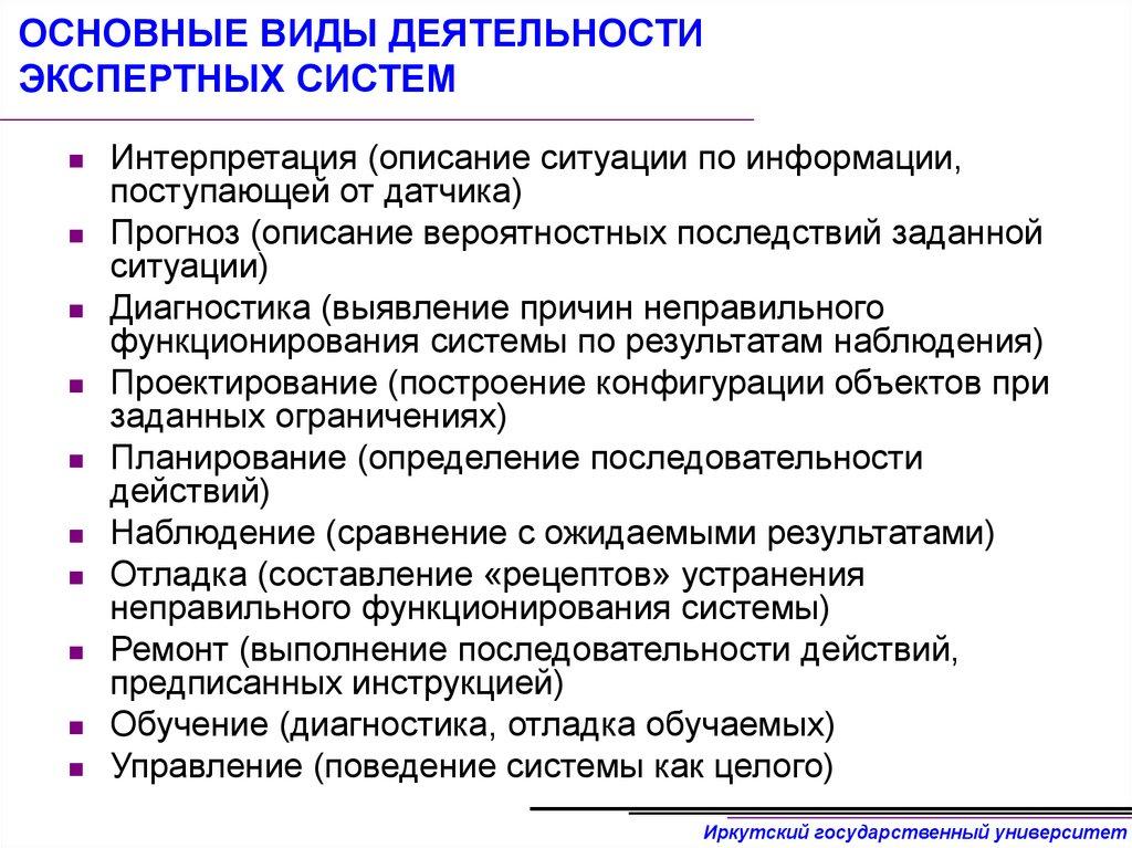 ОСНОВНЫЕ ВИДЫ ДЕЯТЕЛЬНОСТИ ЭКСПЕРТНЫХ СИСТЕМ